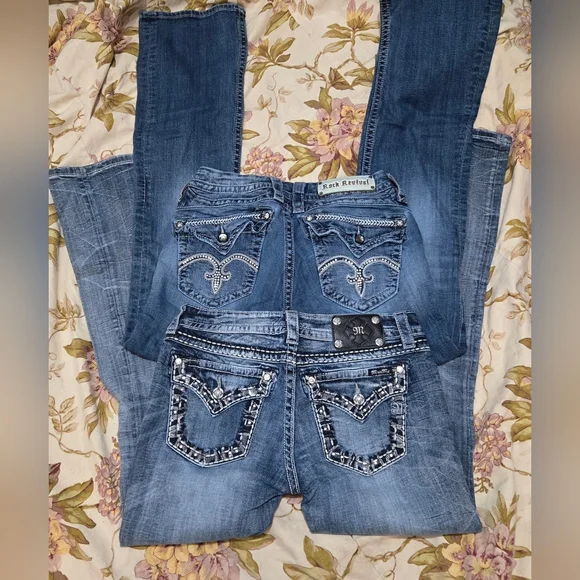 Y2K Miss Me & Rock Revival Women's Blue Denim Bootcut Jeans Bling Pockets - Picture 3 of 7